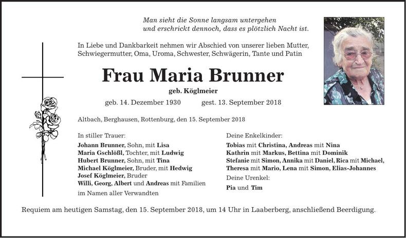 Traueranzeige Maria Brunner