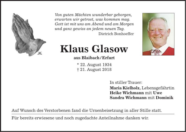 Traueranzeige Klaus Glasow