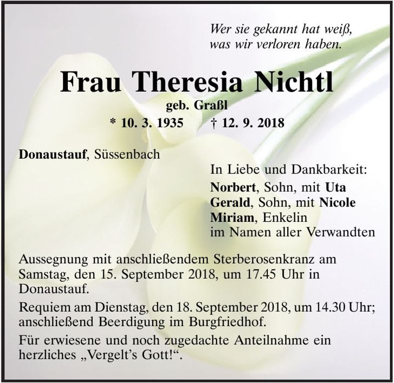Traueranzeige Theresia Nichtl