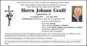 Traueranzeige Johann Graßl