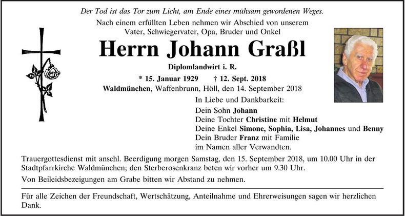 Traueranzeige Johann Graßl