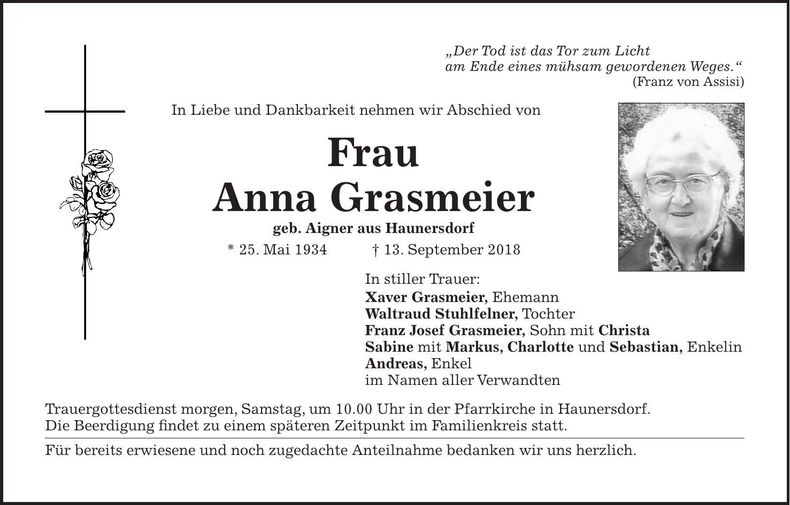Traueranzeige Anna Grasmeier