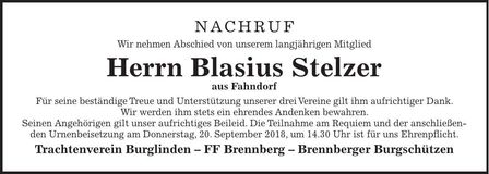 Traueranzeige Blasius Stelzer