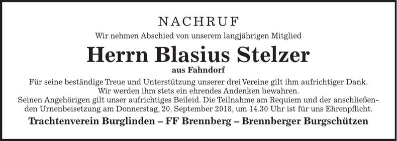 Traueranzeige Blasius Stelzer