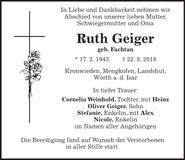 Traueranzeige Ruth Geiger