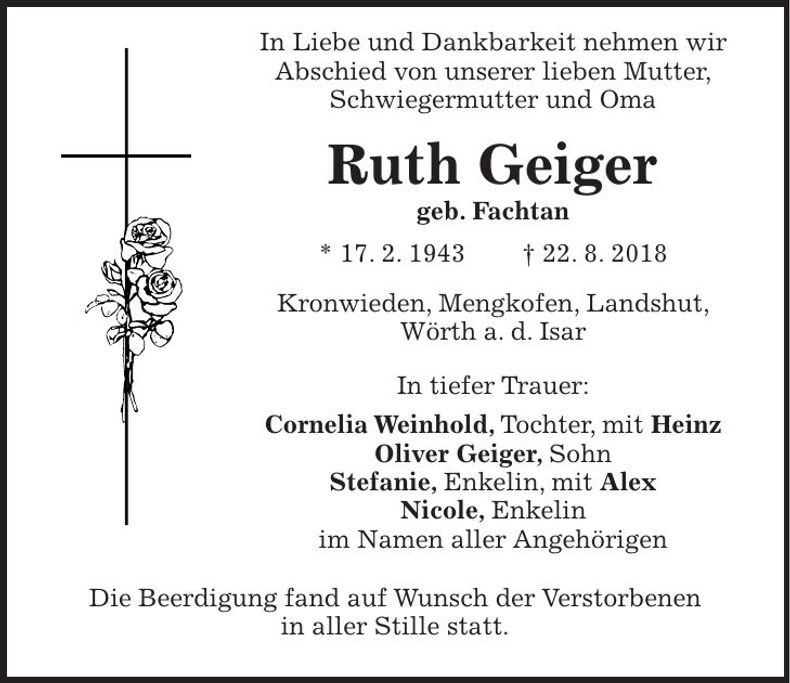 Traueranzeige Ruth Geiger
