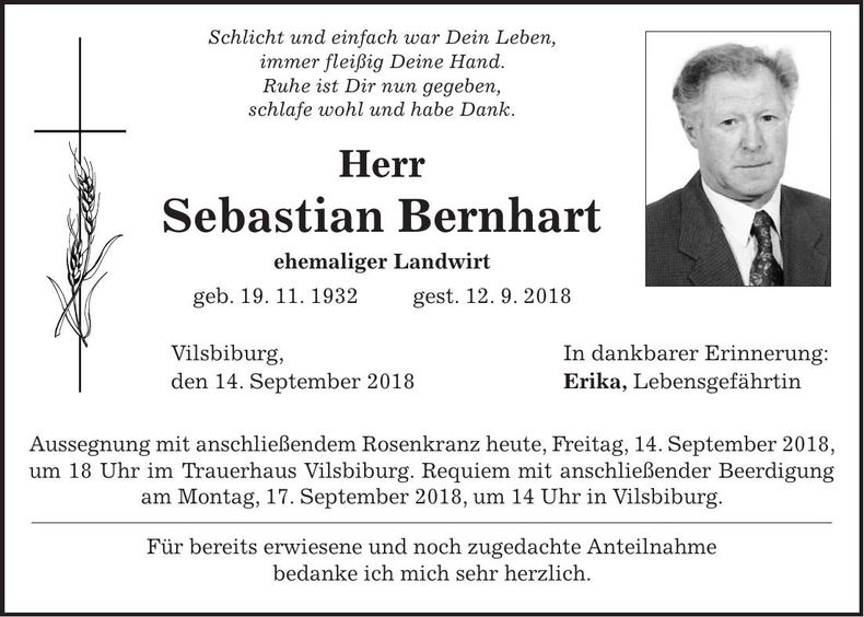 Traueranzeige Sebastian Bernhart