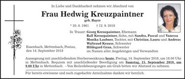 Traueranzeige Hedwig Kreuzpaintner
