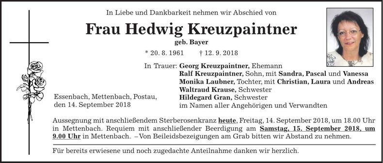 Traueranzeige Hedwig Kreuzpaintner