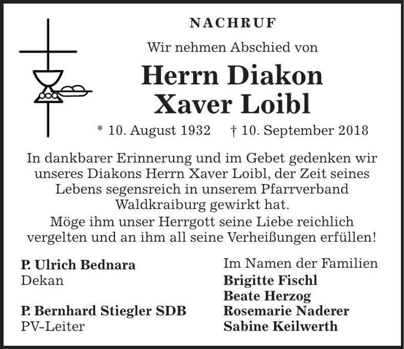 Traueranzeige Xaver Loibl