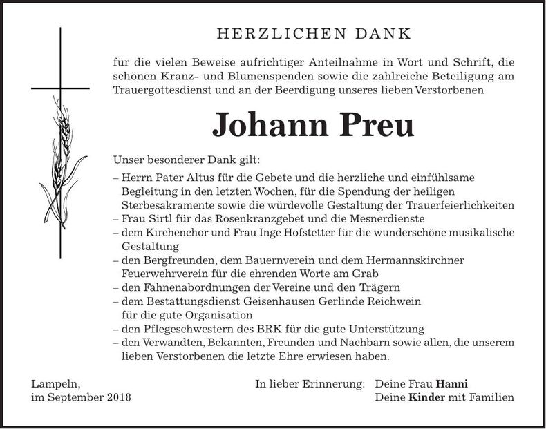 Traueranzeige Johann Preu