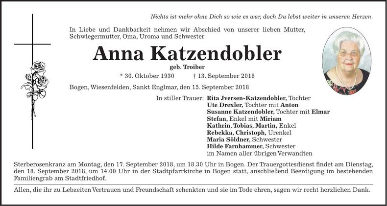 Traueranzeige Anna Katzendobler