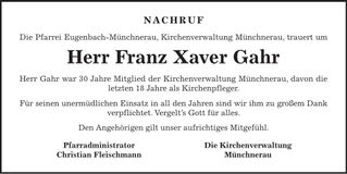 Traueranzeige Franz Xaver Gahr