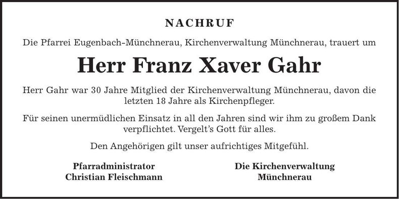 Traueranzeige Franz Xaver Gahr