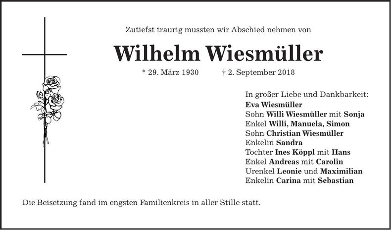 Traueranzeige Wilhelm Wiesmüller