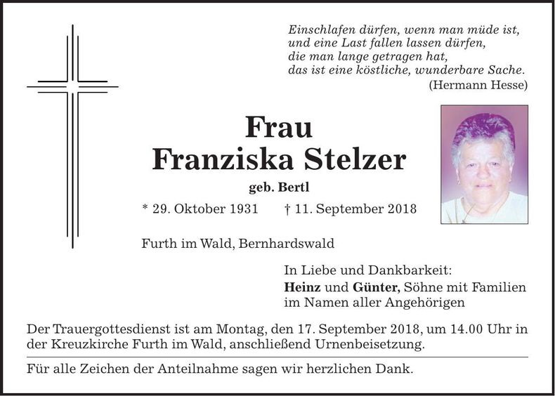 Traueranzeige Franziska Stelzer