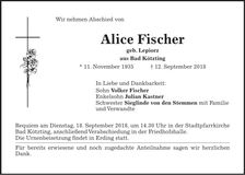 Traueranzeige Alice Fischer