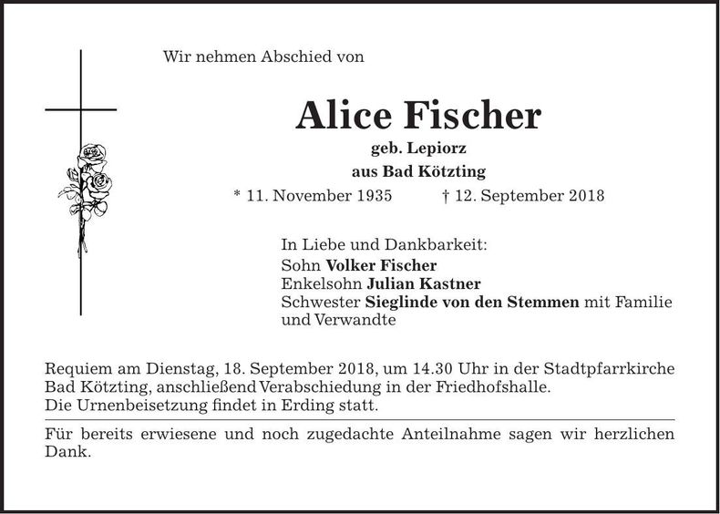 Traueranzeige Alice Fischer