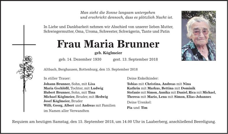 Traueranzeige Maria Brunner