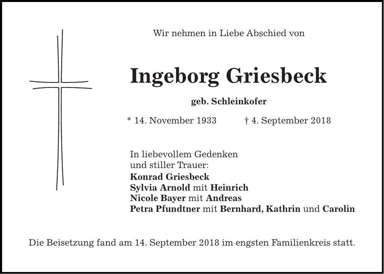 Traueranzeige Ingeborg Griesbeck