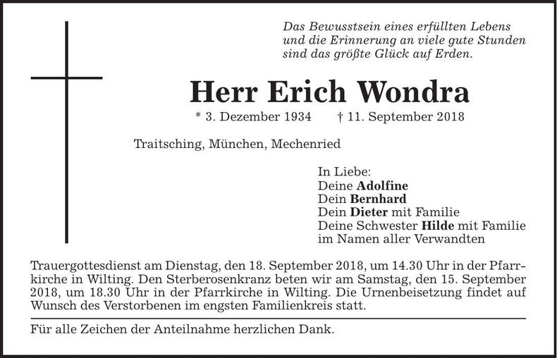 Traueranzeige Erich Wondra