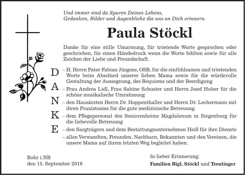Traueranzeige Paula Stöckl