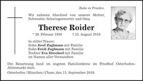 Traueranzeige Therese Roider