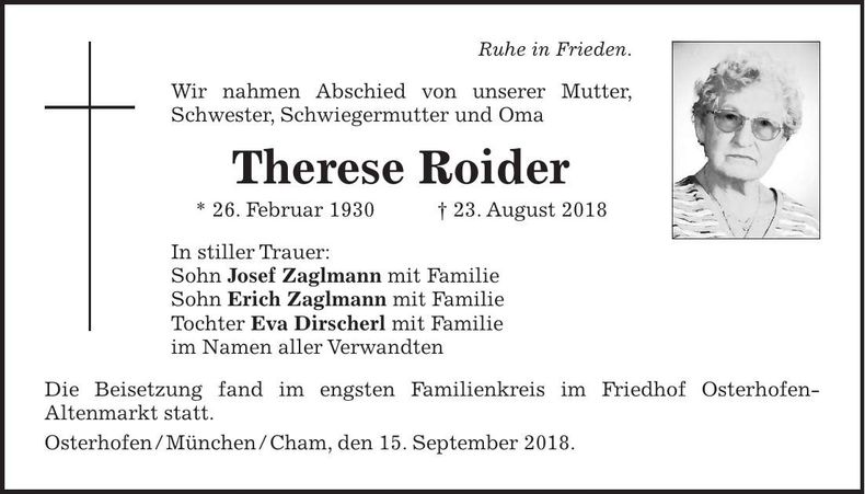 Traueranzeige Therese Roider