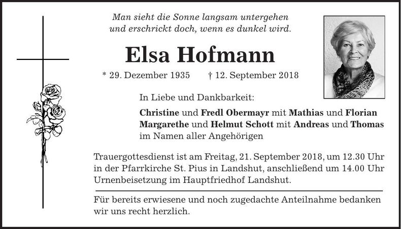 Traueranzeige Elsa Hofmann