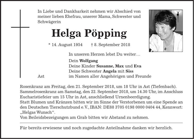 Traueranzeige Helga Pöpping