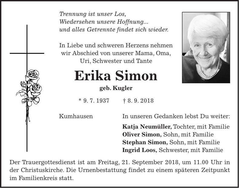 Traueranzeige Erika Simon