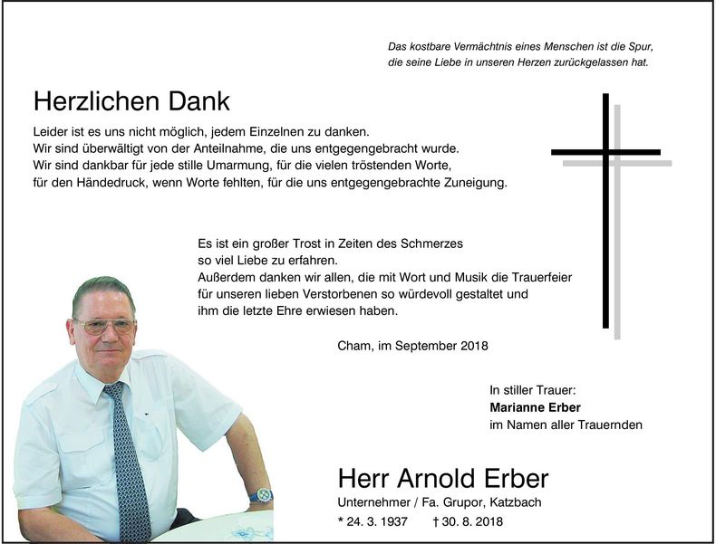 Traueranzeige Arnold Erber