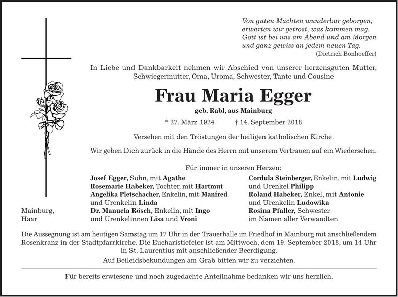 Traueranzeige Maria Egger