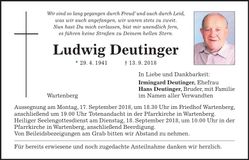 Traueranzeige Ludwig Deutinger
