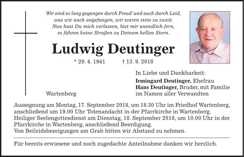 Traueranzeige Ludwig Deutinger