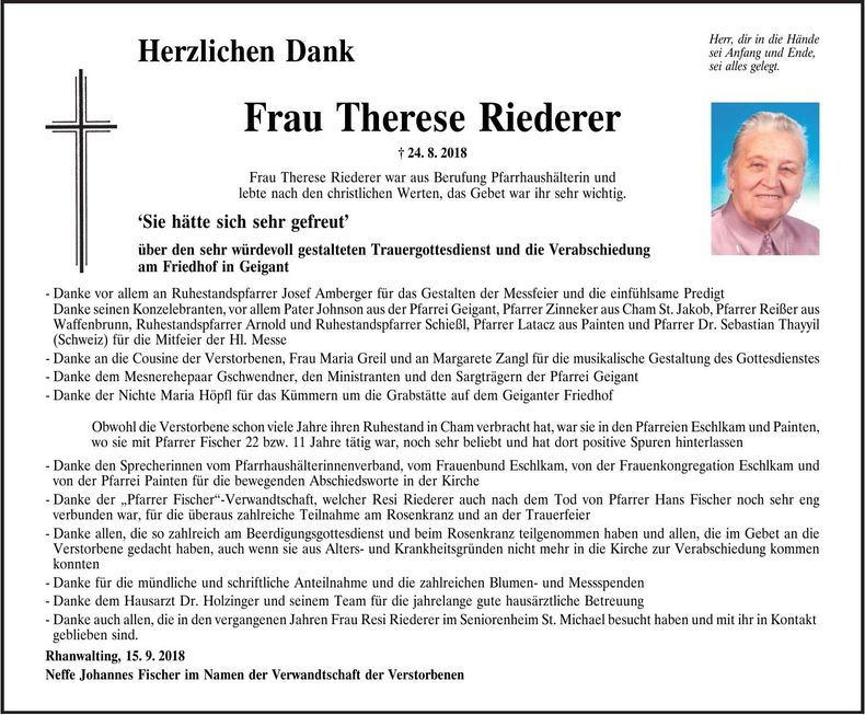 Traueranzeige Therese Riederer