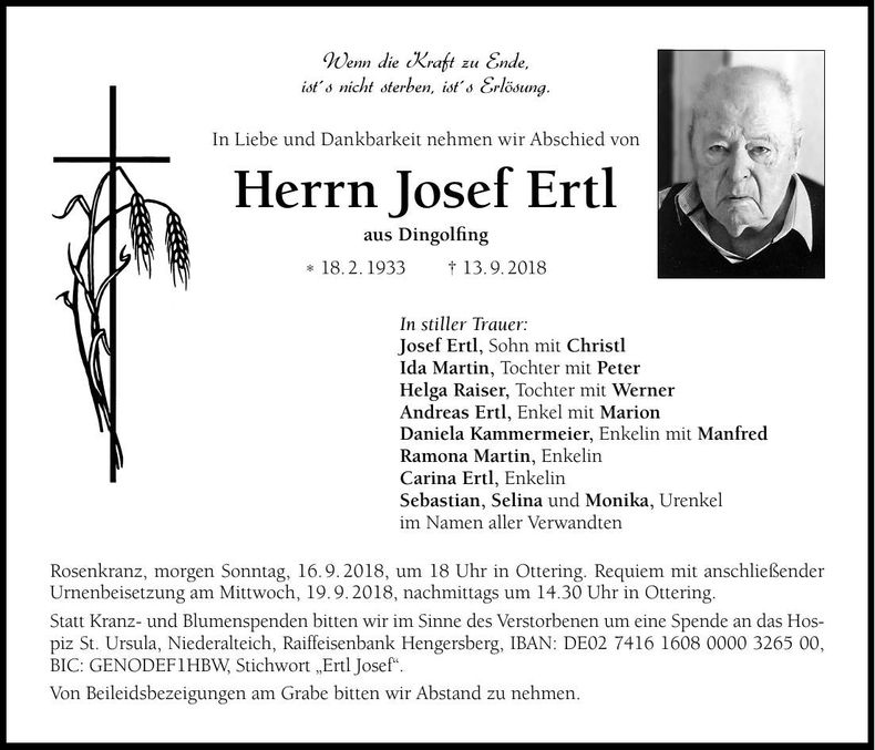 Traueranzeige Josef Ertl