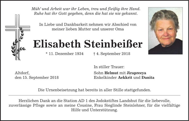 Traueranzeige Elisabeth Steinbeißer