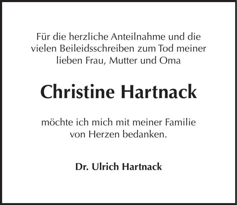 Traueranzeige Christine Hartnack