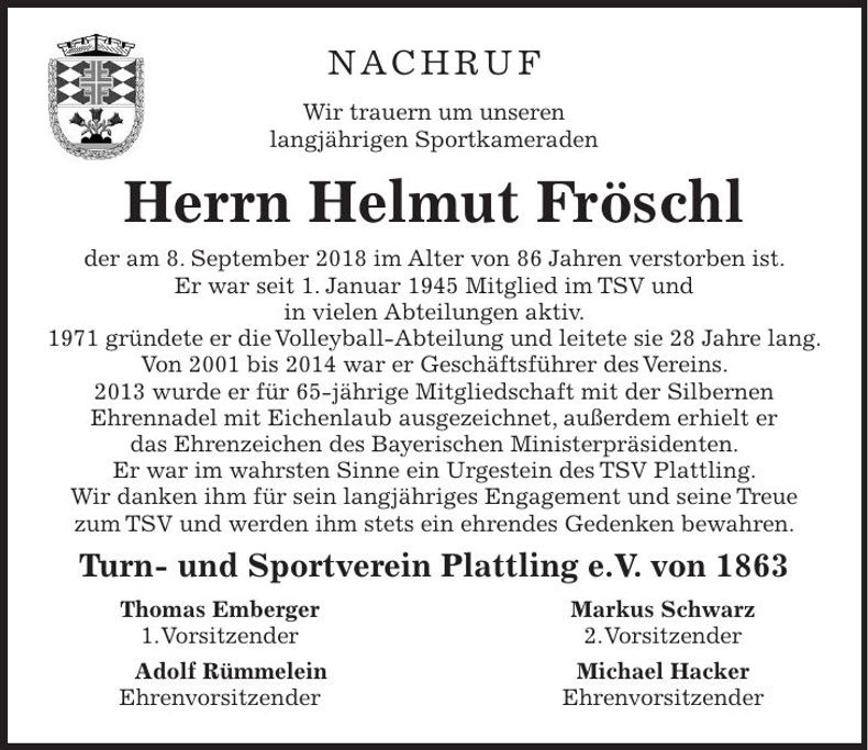 Traueranzeige Helmut Fröschl