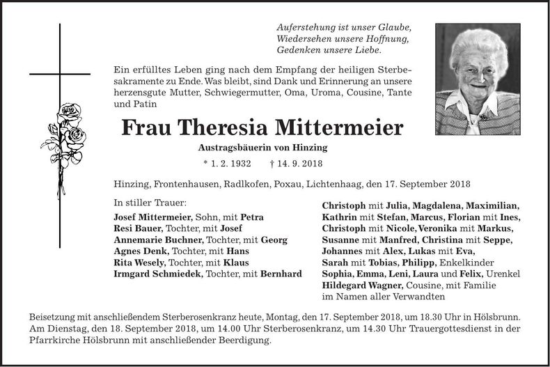 Traueranzeige Theresia Mittermeier