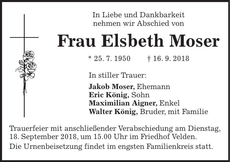 Traueranzeige Elsbeth Moser