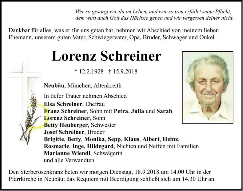 Traueranzeige Lorenz Schreiner