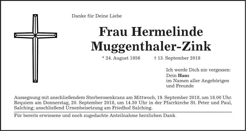 Traueranzeige Hermelinde Muggenthaler-Zink