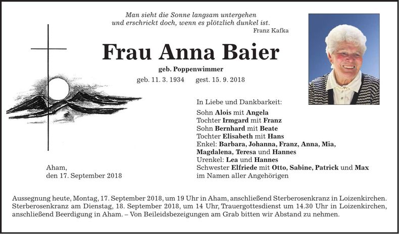 Traueranzeige Anna Baier