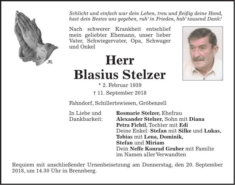 Traueranzeige Blasius Stelzer