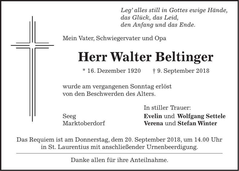 Traueranzeige Walter Beltinger