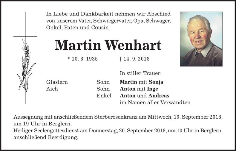 Traueranzeige Martin Wenhart