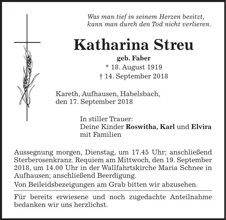 Traueranzeige Katharina Streu