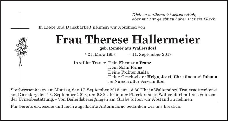 Traueranzeige Therese Hallermeier